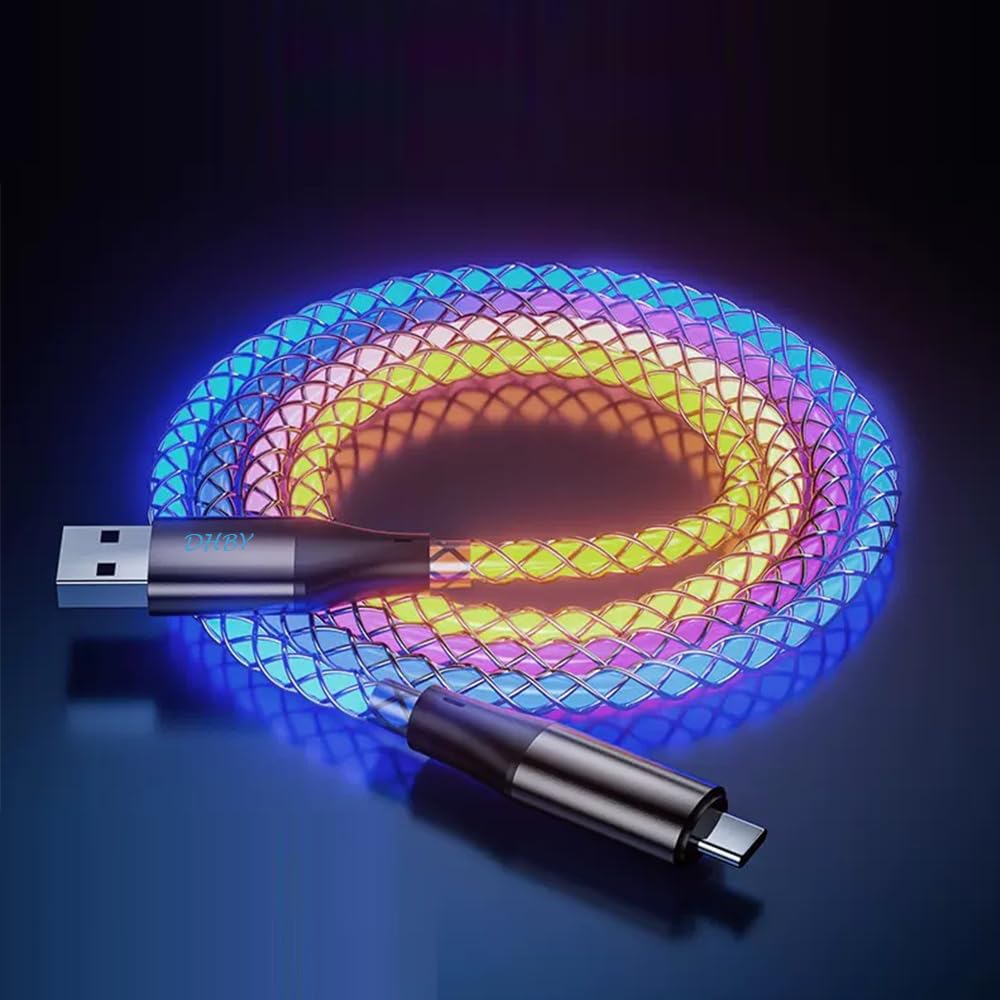 Cable de carga rápida RGB USB A a tipo C, cargador de teléfono de alta velocidad de datos, luz colorida RGB corriente que fluye para todos los dispositivos USB C, USB A a C RGB de 39 pulgadas