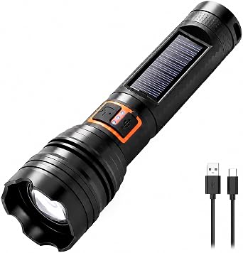 Solar Rechargeable Flashlight High Lumens, Super Bright Solar LED Flashlight USB C with Side Light, Adjustable Focus, 4 Light Modes Flashlight for Camping, Emergency, Hiking, Home