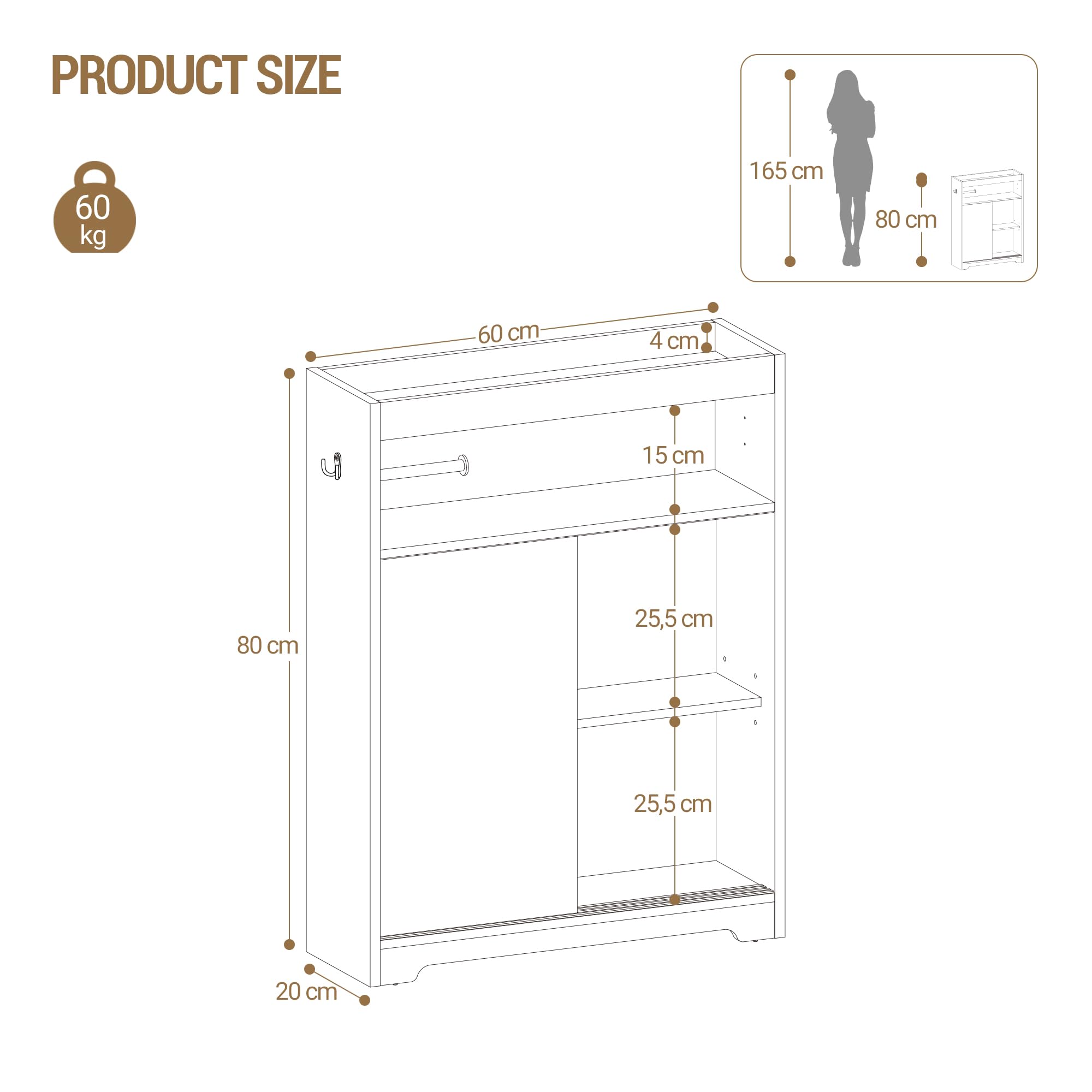 Hzuaneri Mueble de Baño, Puerta Corredera, 20 x 60 x 80 cm, Blanco | Armarios de Baño que Ahorran Espacio, Estante Ajustable, al Lado del Inodoro, BC62813X
