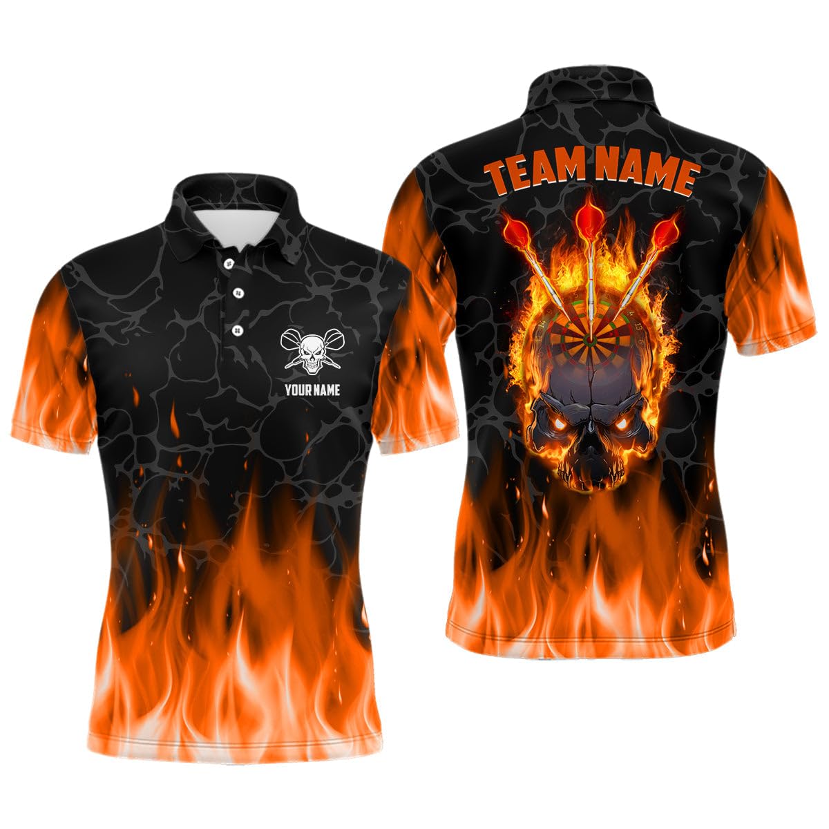 Orange Flammen Schädel Darts Polo & Quarter-Zip Shirt – Individuelles Gruseliges Darts Shirt für Herren & Damen – Dart Trikots L1421