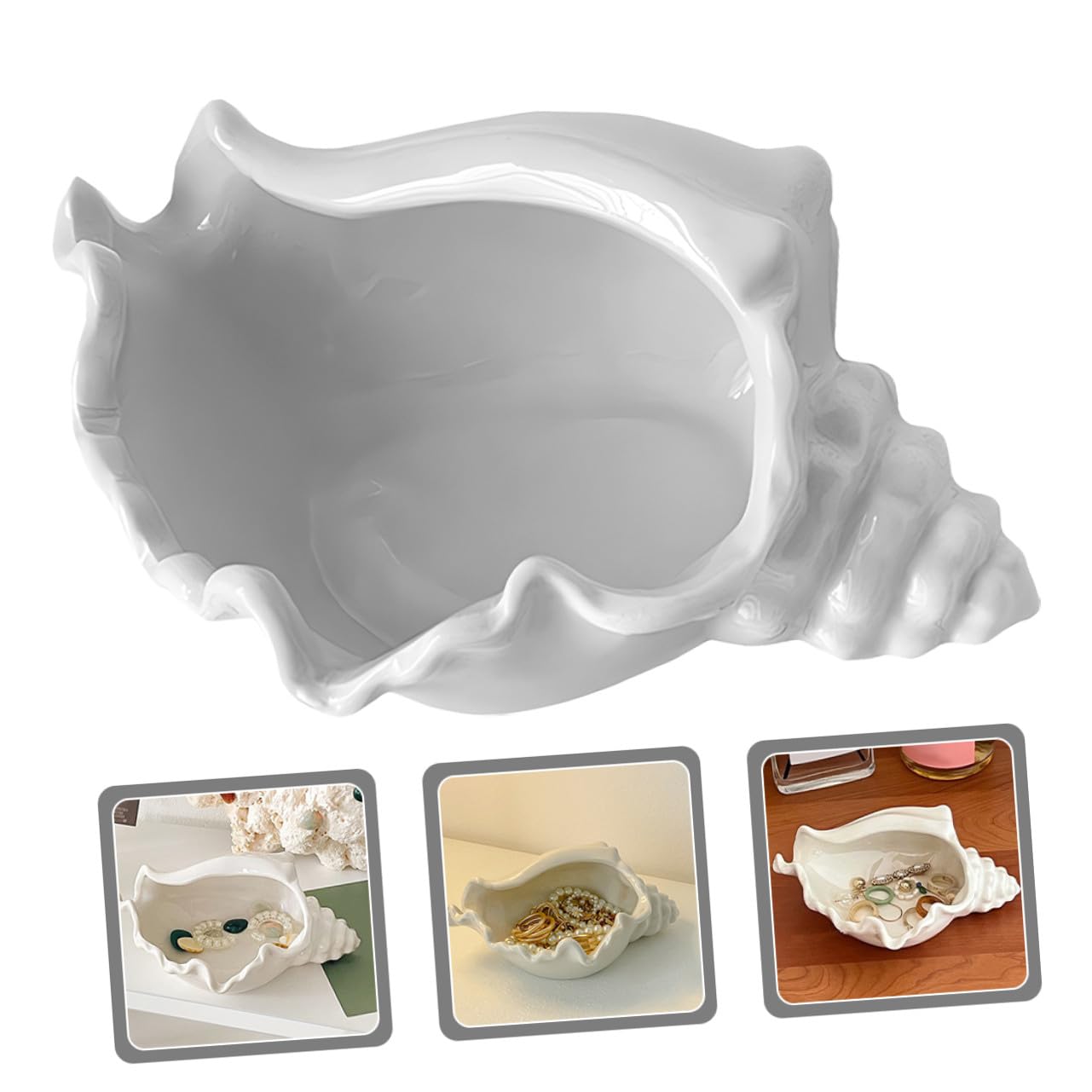 Keramik Schmuckschale Muschelform Dekoratives Schmucktablett Multifunktionales Aufbewahrungs Dekotablett für Schmuck Schlüssel und Ohrringe Weißes Conch Design für Wohnzimmer und