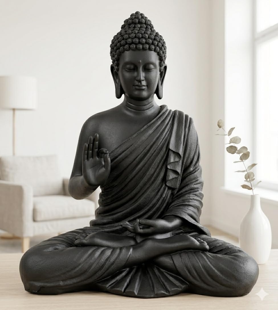 THE KUTIR Buddha Statue for Home Decor 15 Inch Polyresin Meditating Buddha Idol with Antique Finish | Vastu Feng Shui Showpiece for Living Room, Office & Meditation Space | Black Multicolor