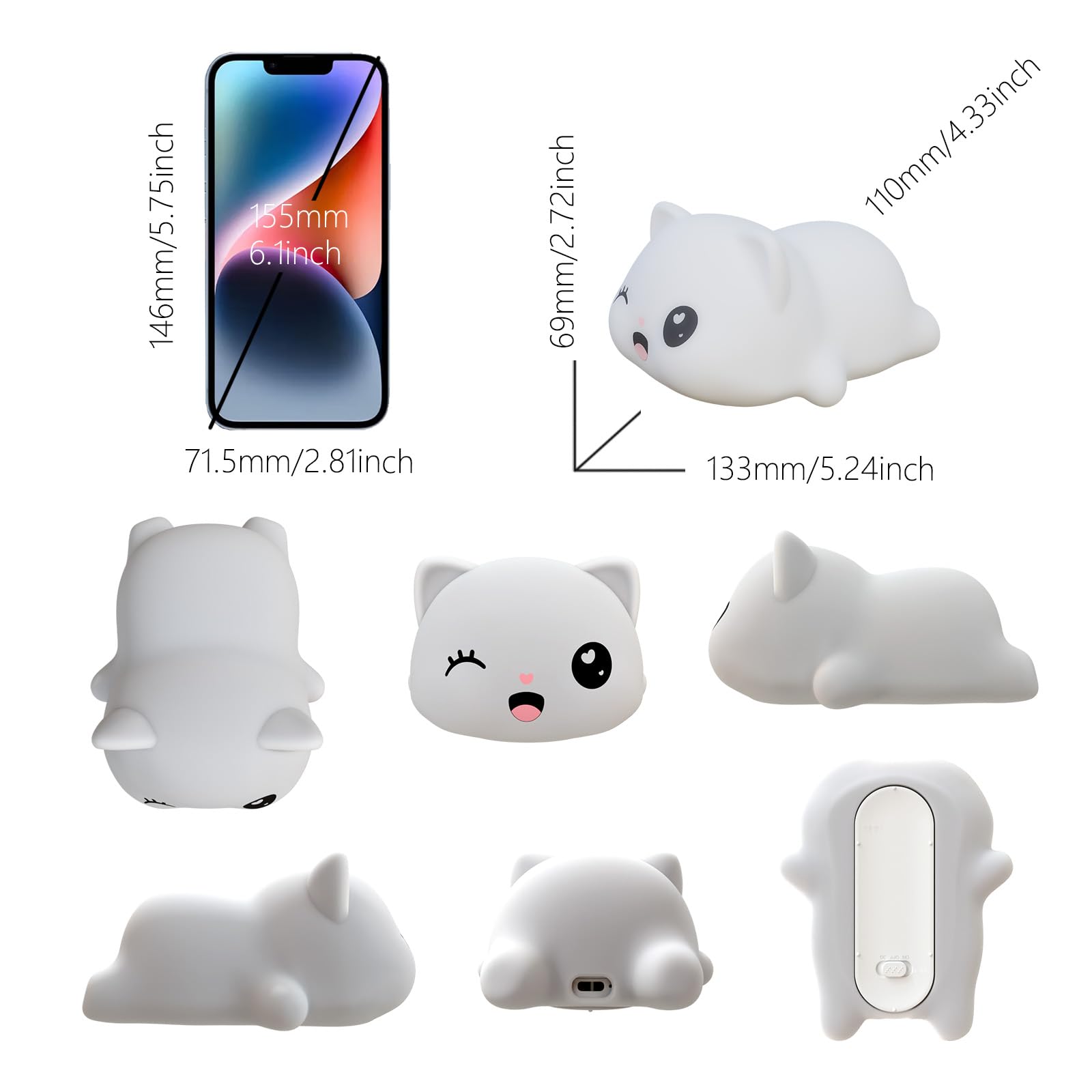 Colorful Life Linda luz de grifo de silicona para gatos, luz nocturna suave con 3 modos de color, lámpara LED recargable para mesita de noche para niños y niñas (blanco cálido, se ilumina cuando se