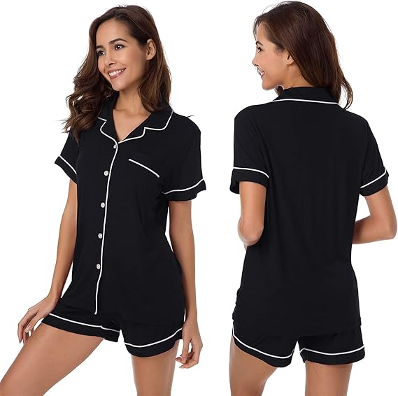 Womens Pajama Set Short Sleeve Button Down Cotton PJs