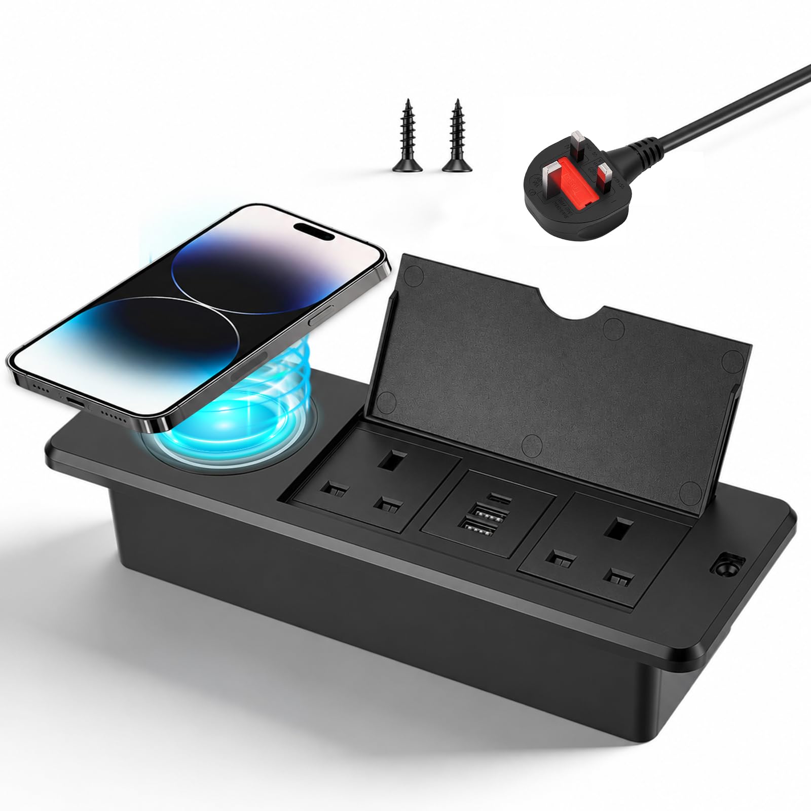 6 IN 1 Recessed Power Strip with 15W Wireless Charging, Desktop Power Socket with 2 Outlets and 2 USB A and 1 USB C, Built-in Sockets for Kitchen Worktops Conference Desk, 1.8M Cable, Black