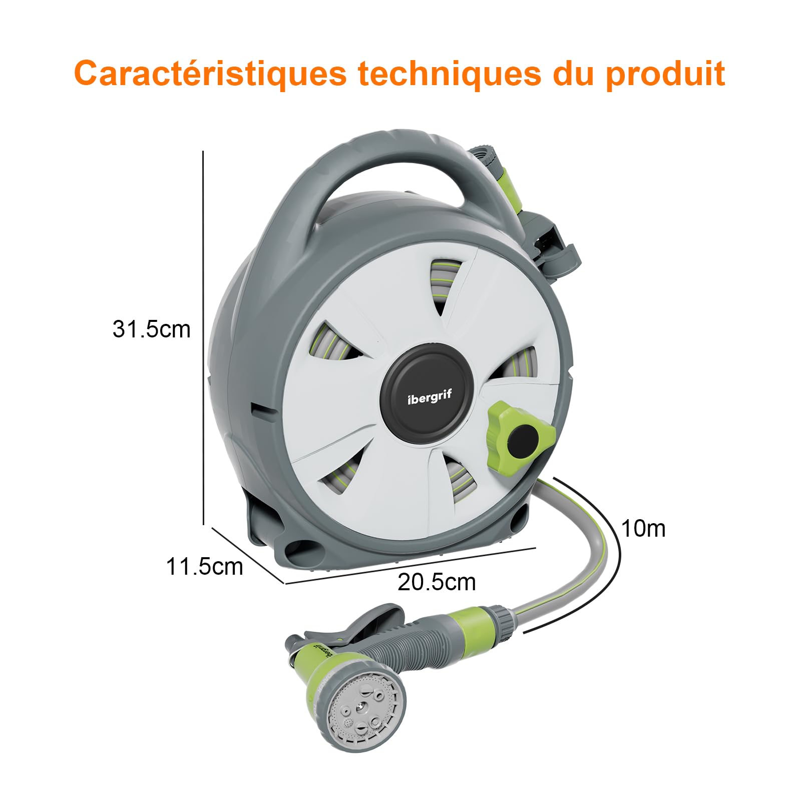 Ibegrif M22220 Enrouleur de tuyau d'arrosage 10m Avec Pistolet d'arrosage à 8 Fonctions, Portable et Facile à Ranger, Gris/Vert