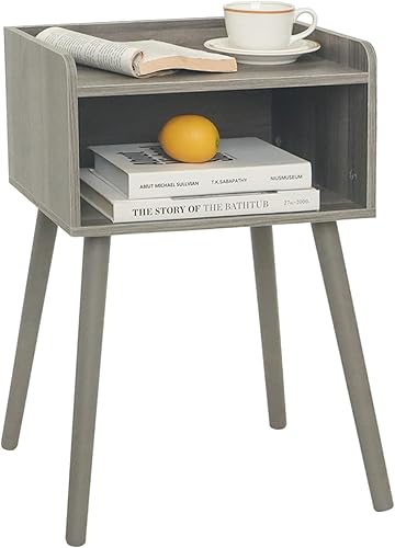 MaxSmeo Mesita de noche, mesa auxiliar moderna de mediados de siglo con almacenamiento, mesita de noche pequeña con patas de madera maciza para sala