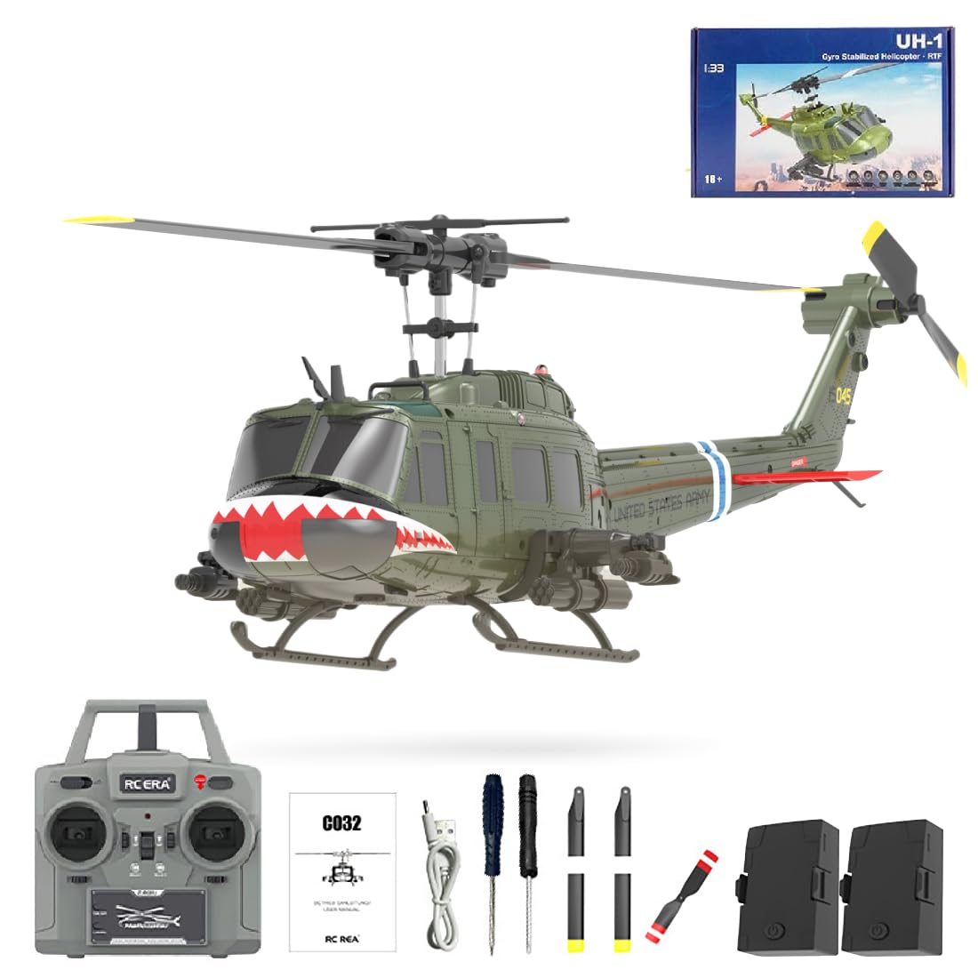 RC ERA C032 RC Helicopter, 1/48 Scale 2.4G 6CH UH-1 Huey Flybarless RC Helicopter, 6-Axis Gyroscope Stabilization, with Altitude Hold & 3D Inverted Flight for Adults Enthusiasts, 2 Battery