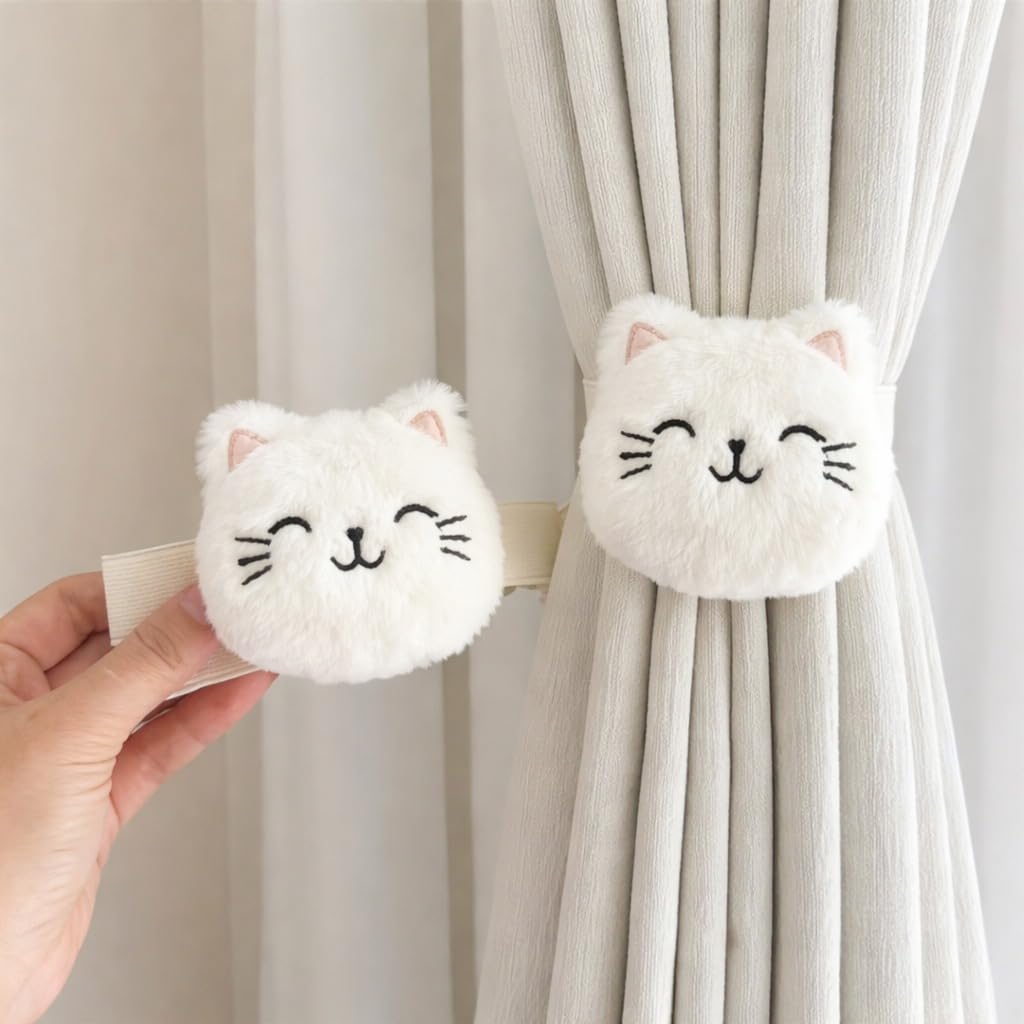 Cute Cat Curtain Tieback Soft Plush Decorative Kids Holder 10 Cm Cartoon Animal Tie Back for Bedroom Living Room Baby Pack of 2 Woven Tiebacks Natural Handmade Design Window-image-45