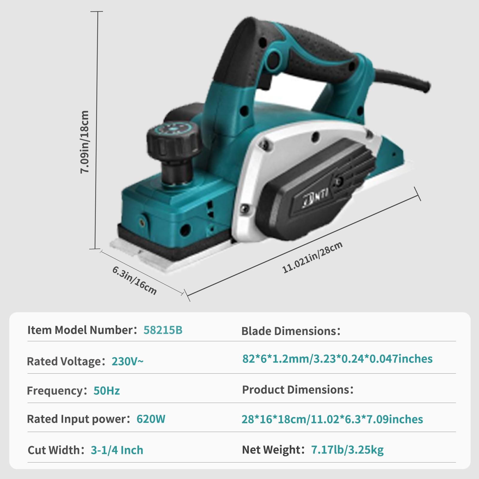 DNTI Cepillo eléctrico con cable 620W Anchura de cepillado 82 mm profundidad de 2 mm Incluye botones ajustables16000 rpm Acabado Liso para Bricolaje Cepillado de Madera Cepilladora Eléctrica58215B