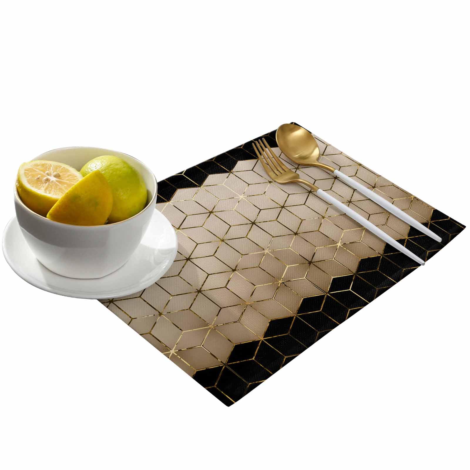 Juego de 6 manteles individuales con patrón geométrico, cubos de arte abstracto, color marrón, negro, dorado, resistentes al calor, antideslizantes, de arpillera, para mesa de comedor, cocina, fiesta,
