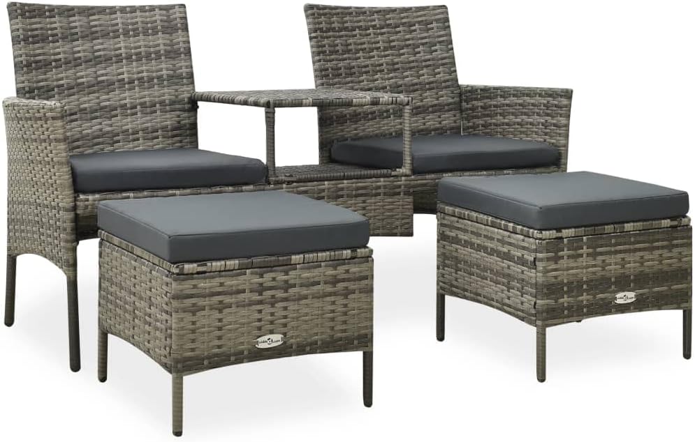 Modern Sofa,Outdoor Couch,for Porch, Garden,Backyard, Patio, Balcony,Lawn, Poolside,2-Seater Patio Sofa with Tea Table & Stools Poly Rattan Gray