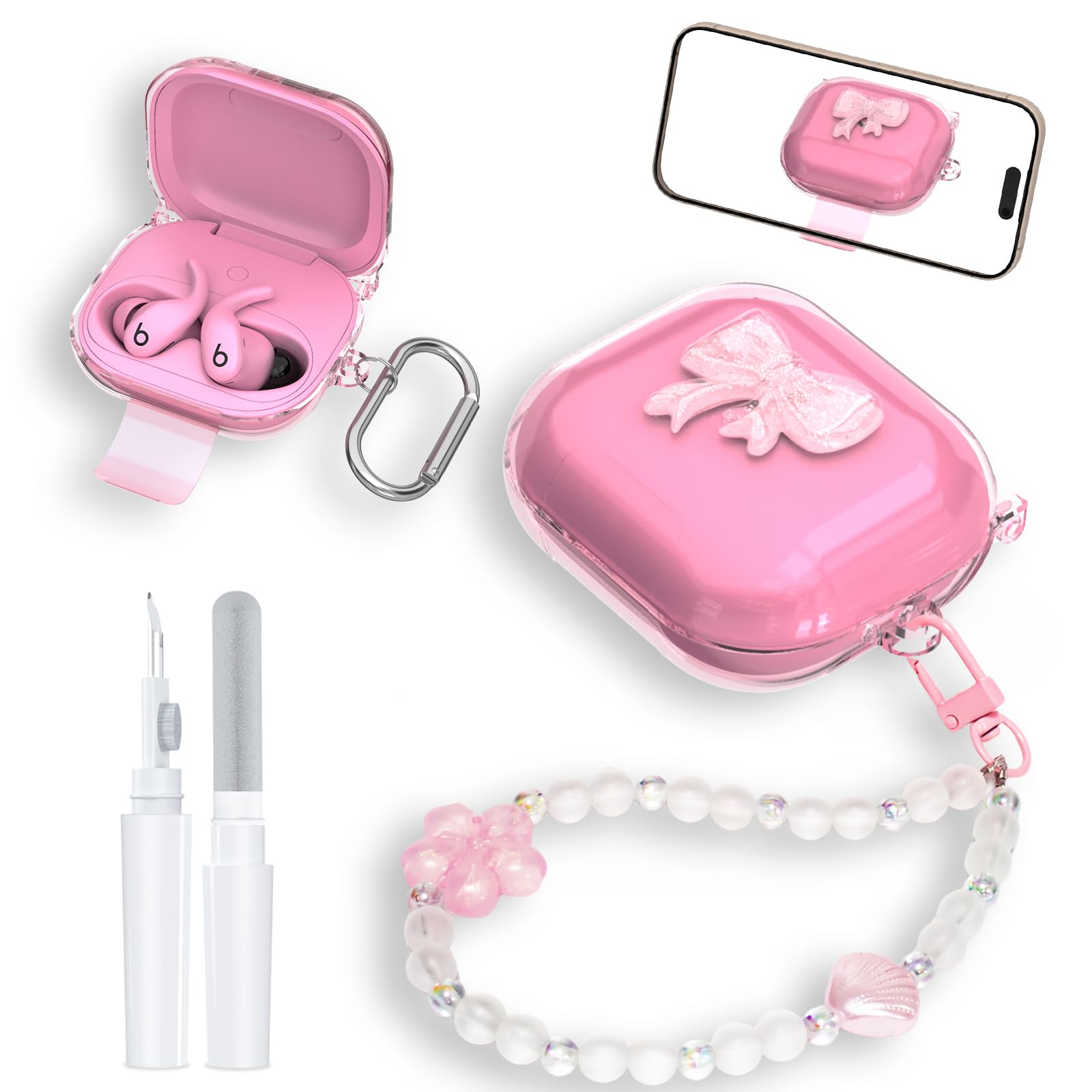 Photo 1 of [Secure Lock] TUDIOW 3D Bow Case for Beats Powerbeats Fit 2025, Pink