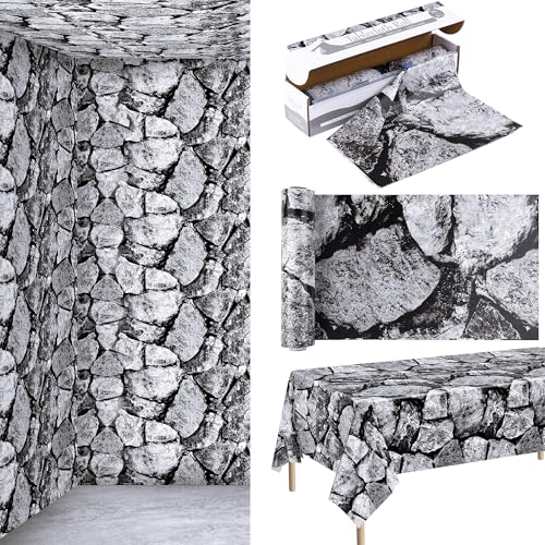 Image of Kochorie 100 Ft X 54 Inch Halloween Stone Wall Tablecloth Roll with Cutter Box Disposable Plastic Stone Table Cover Medieval Party Castle Brick Wall Backdrop for Halloween Birthday Knight Theme Party