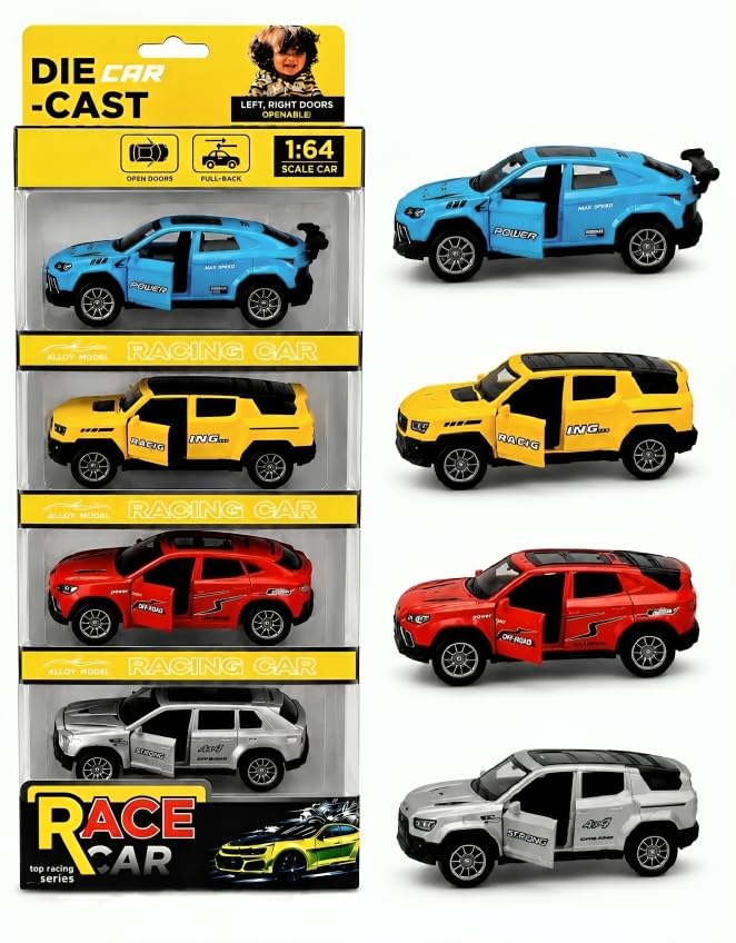 Image of Galaxy Hi-Tech SUV Die-Cast Pull Back 1:64 Toy Car Set of 4 with Openable Front Doors Mini Metal Racing and Collectible Cars for Kids and Collectors Realistic Model Beautiful Display Piece for Gift