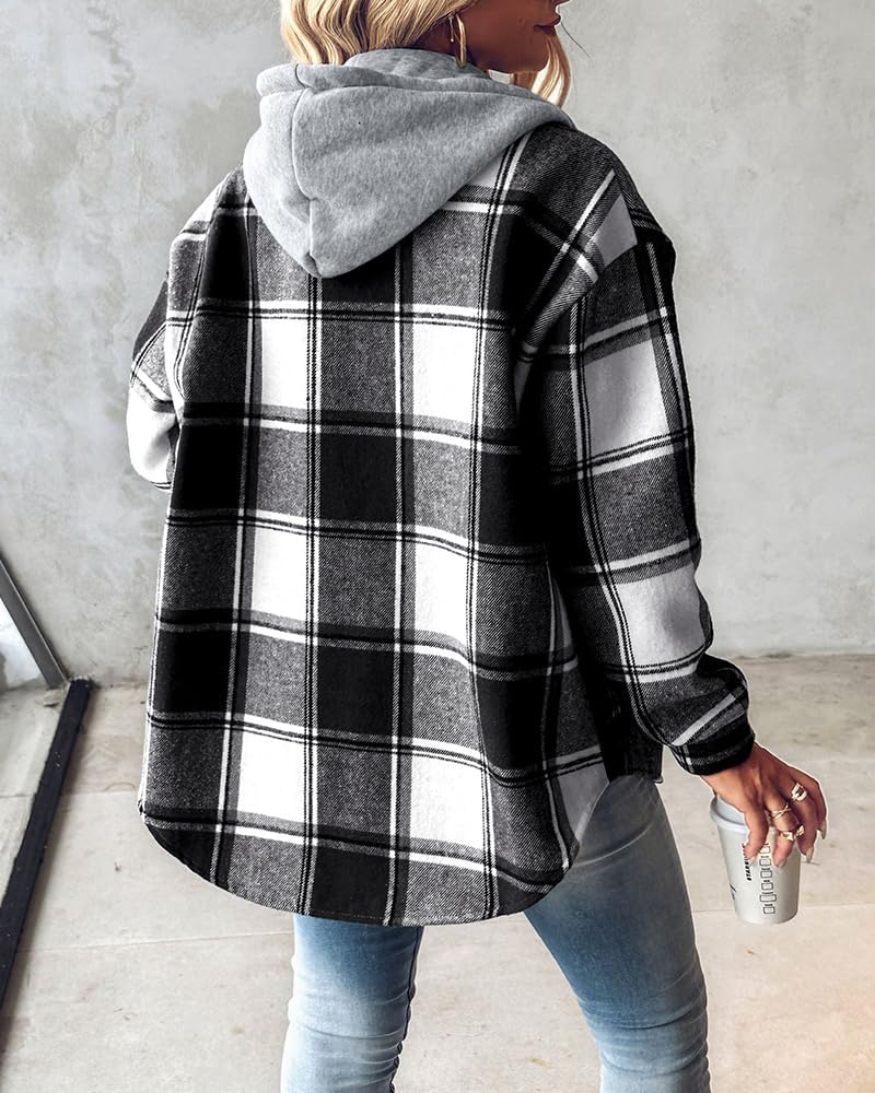 CHICME Womens Lightweight Casual Jacket Plaid Long Sleeve Shacket Fleece Lined Hooded Jackets Warm Coat - Image 2