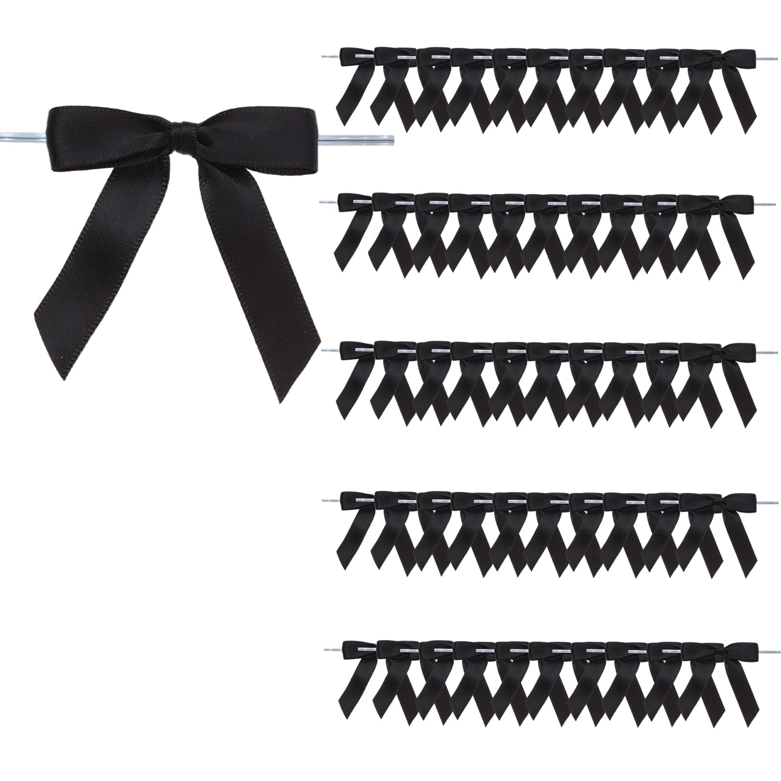 WHJYCC 50-Pack Pre-Tied Satin Ribbon Bows with Twist Ties, Black, 3 in