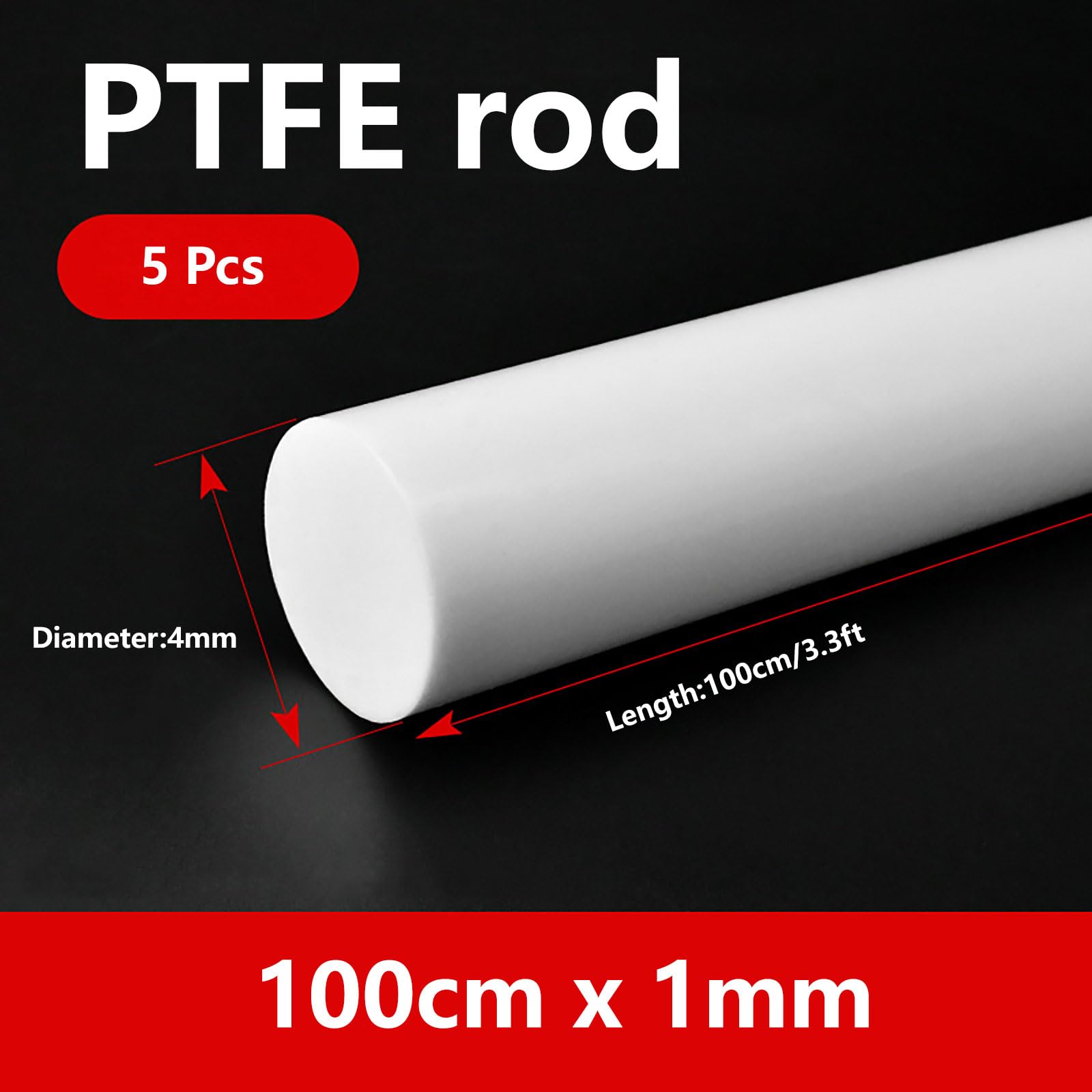 COYOUCO Pack 5 Barras PTFE Teflon 100cm 1–4mm Redondas Sólidas Plásticas Blancas Resistente Químico Antiadherente para Bricolaje y Uso Industrial,4mm