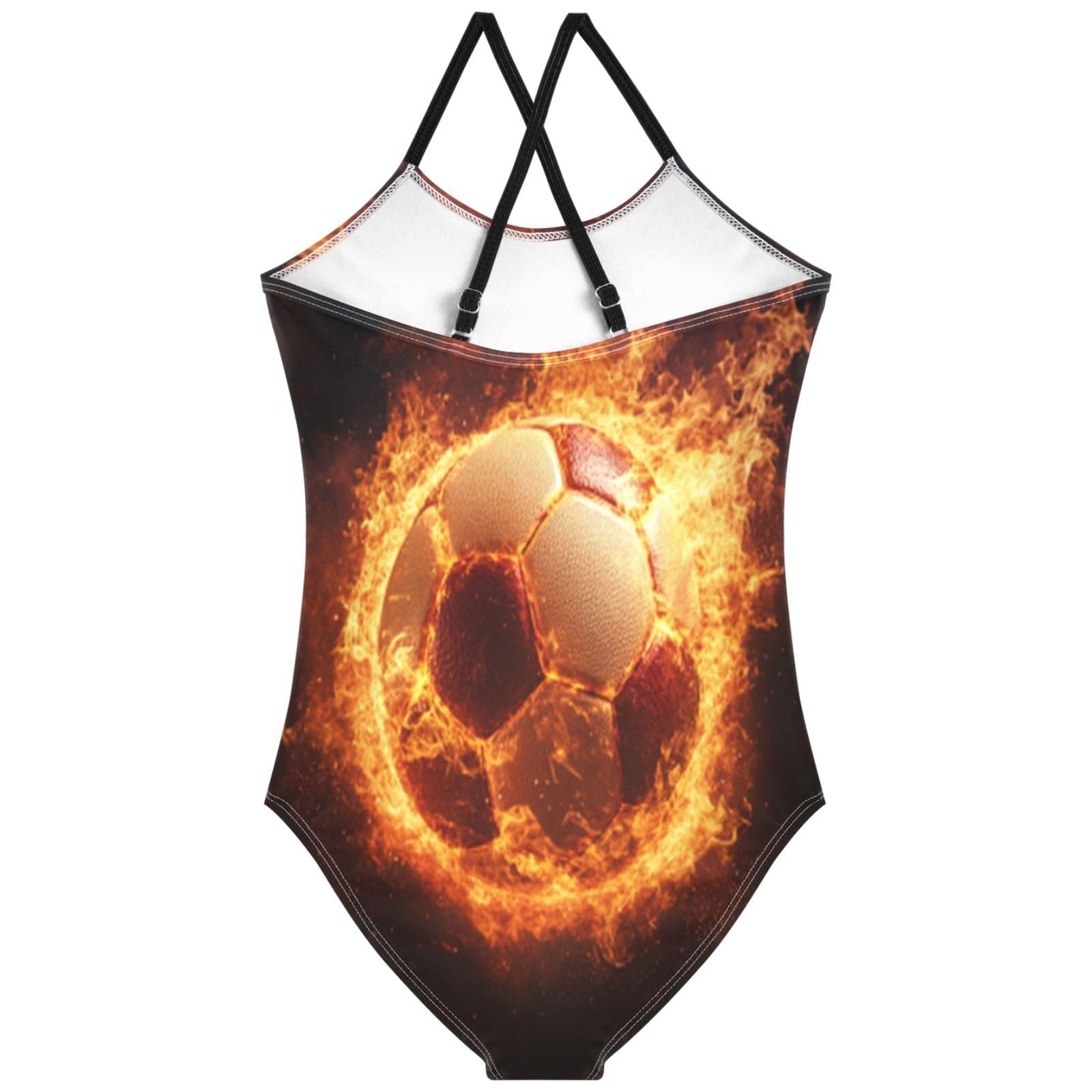 Pigsaly Girls One Piece Swimsuits Red Fire Soccer Ball Football Kids Cross Back Swimwear Beach Sport Bathing Suit 7T-8T