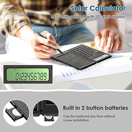 Calculadora Científica Dobrável com Prancheta Apagável, Display Digital de 10 Dígitos, Energia Solar