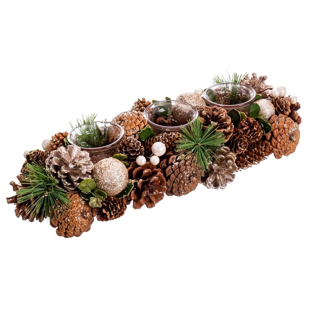 LOLAhome Centro de Mesa de Navidad con 3 portavelas Dorado de piñas Naturales de 38x15 cm