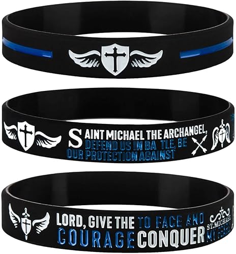 Sainstone St Michael The Archangel Prayer & Police's Orayer with Back The Blue Thin Blue Line - Pulseras de silicona inspiradoras para hombres y