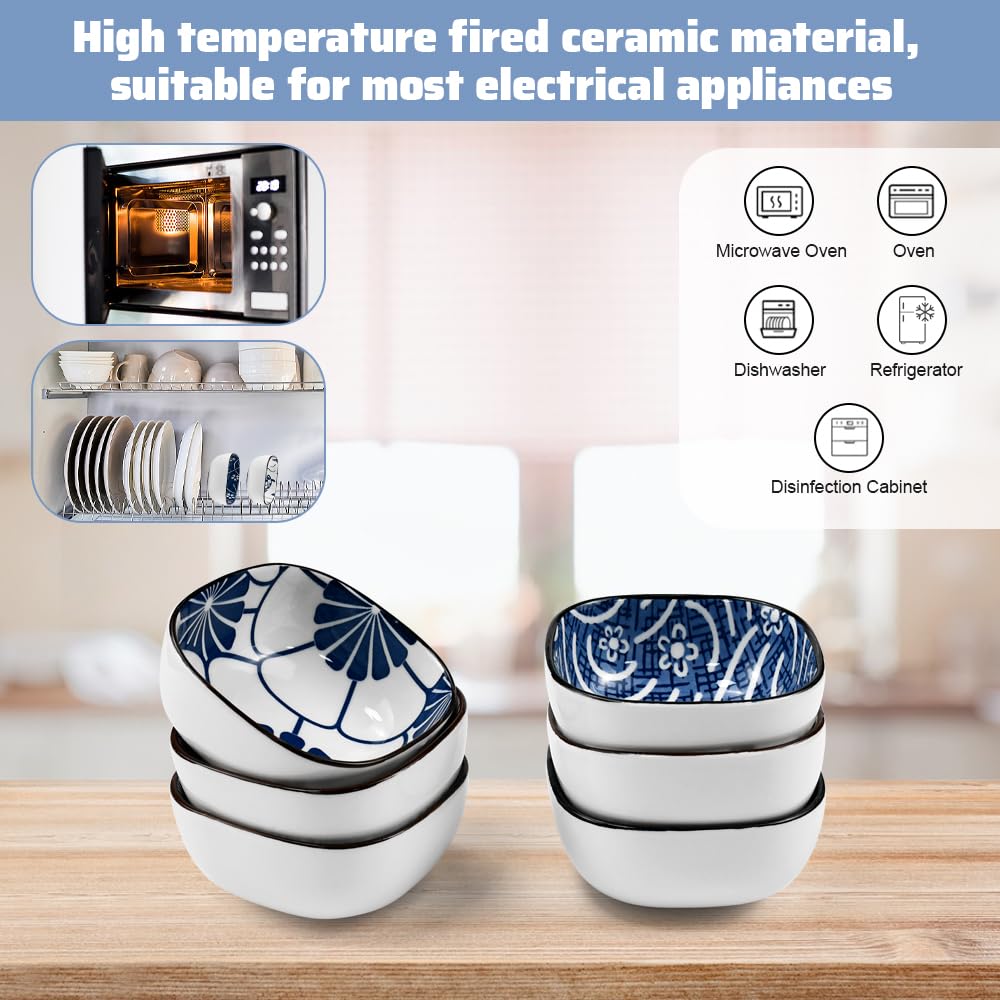 Set di 6 piccole ciotole in ceramica quadrate in stile giapponese, ciotole per snack da 9,2 cm, mini ciotole in ceramica blu e bianca per sushi, tapas, dessert, noci, olive e salsa di soia (9,2
