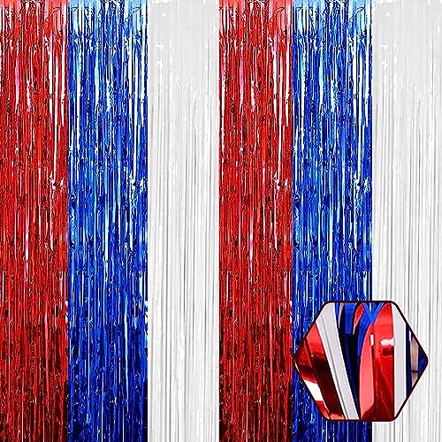 Image of 6 Pack White Blue Red Foil Fringe Curtain Backdrop, 3.28Ft x 8.2Ft Metallic Tinsel Foil Fringe Streamer Curtains for Photo Booth, Christmas Day, Thanksgiving, Wedding, New Year Party Decorations