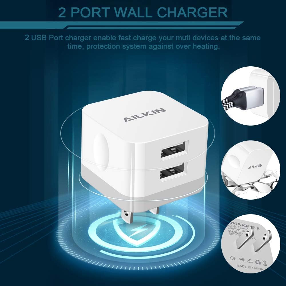 AILKIN - Cargador de pared USB de 2 puertos USB de 2,4 A para iPhone XR XS MAX X/8/7, iPad, Samsung, LG, Pixel | Power Cube - Base de carga rápida para iPhone 17 Air 16e 16 15 14 13 12 Pro Max SE 11 Samsung, bloque de carga de teléfonos