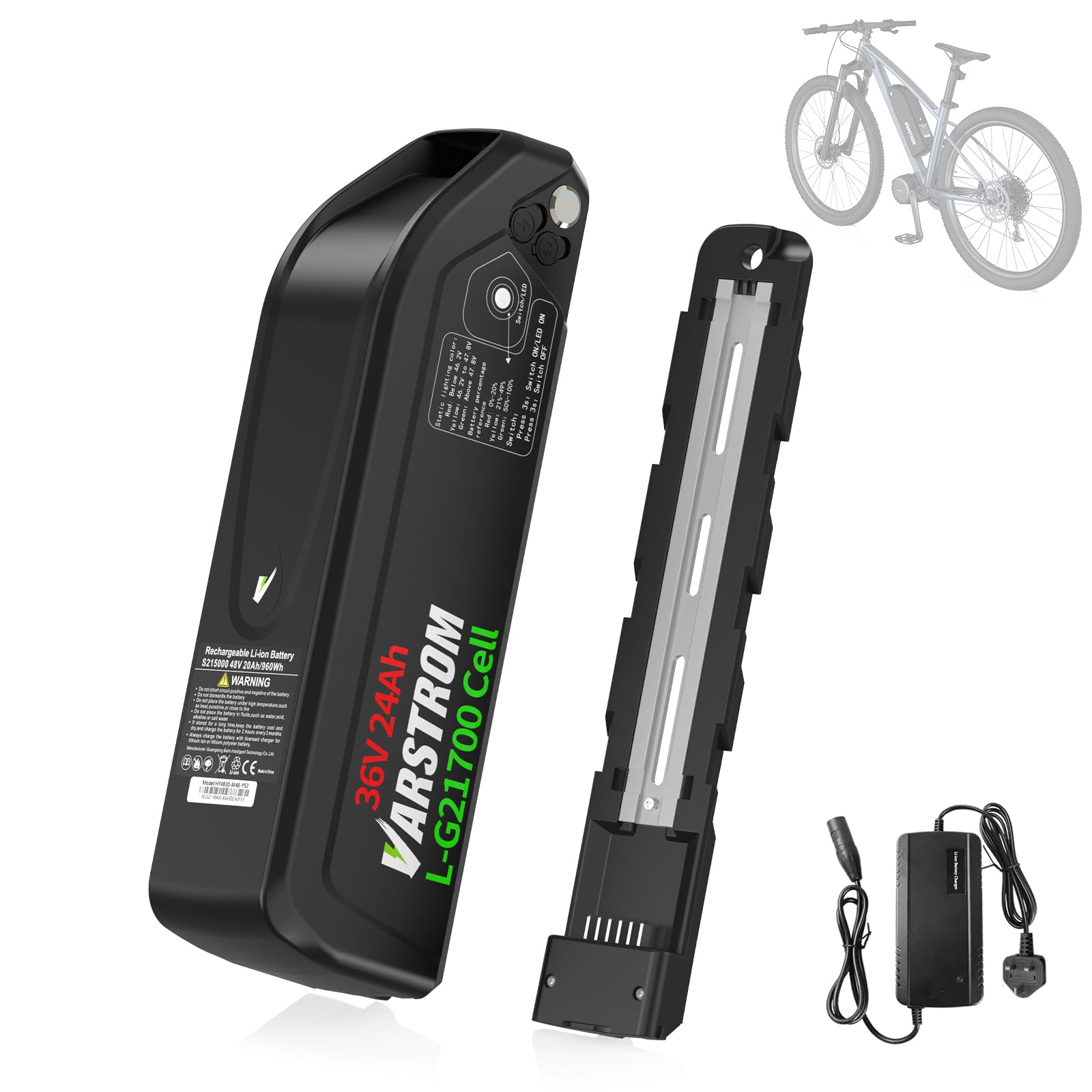 Varstrom 36V 24Ah Ebike Battery (L*/G Cell), High Capacity Downtube Lithium 36V Ebike Battery with 3A Charger & Type-C Port, for Bafang AW 250W Electric Bike Conversion Kit