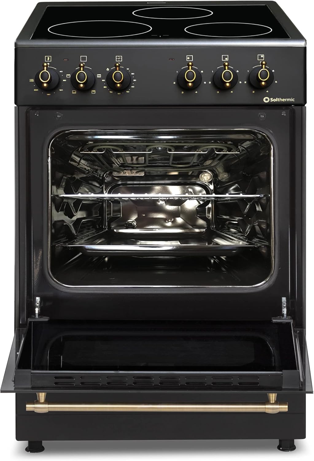 SOLTHERMIC COMBO PACK NEGRO RÚSTICO COCINA VTC con HORNO 50L 50X50 + CAMPANA DE 60 NEGRA SIN RIBETE DORADO (3 fuegos, gran potencia de extración)