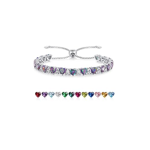 Birthstone Tennis Bracelets for Women, 925 Sterling Silver Heart Shaped Celtic Trinity Knot, Adjustable Chain 6-8 Inchs Anniversary Birthday Gifts