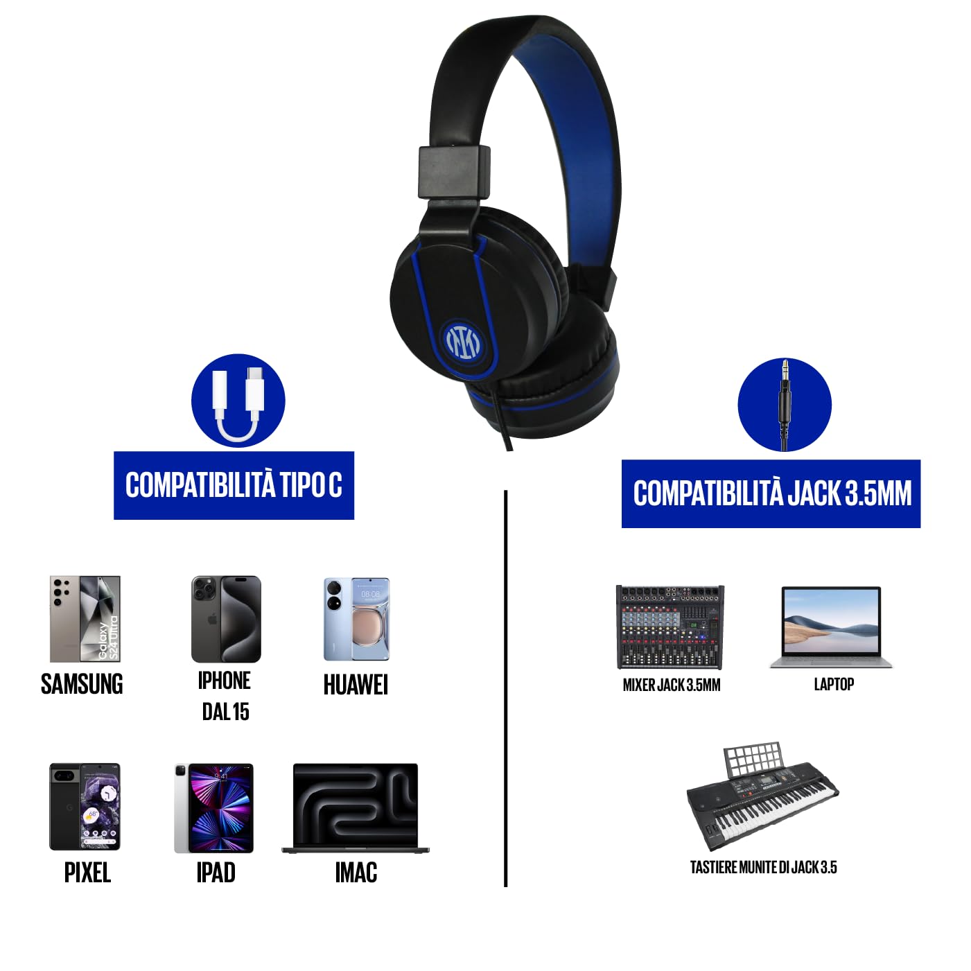 TECHMADE CUFFIE INTER CON MICROFONO INCORPORATO | COMPATIBILE CON PC, SMARTPHONE E CONSOLLE