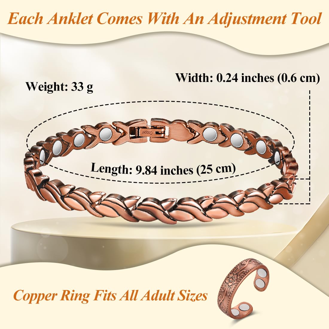 Vicmag Tobillera de cobre para mujer, pulsera de tobillo ajustable de 10.1 pulgadas (cola de peces)