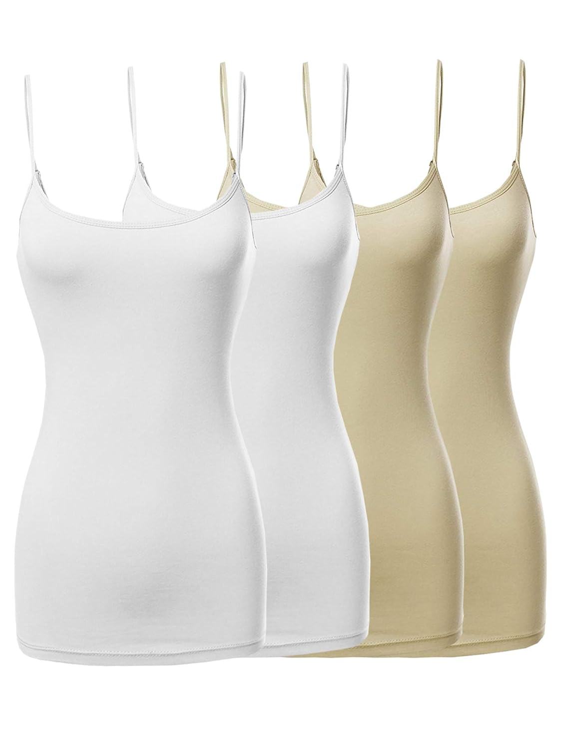The Lovely Womens Juniors Basic Solid Long Length Adjustable Spaghetti Strap Tank Top 4PK - White White Taupe