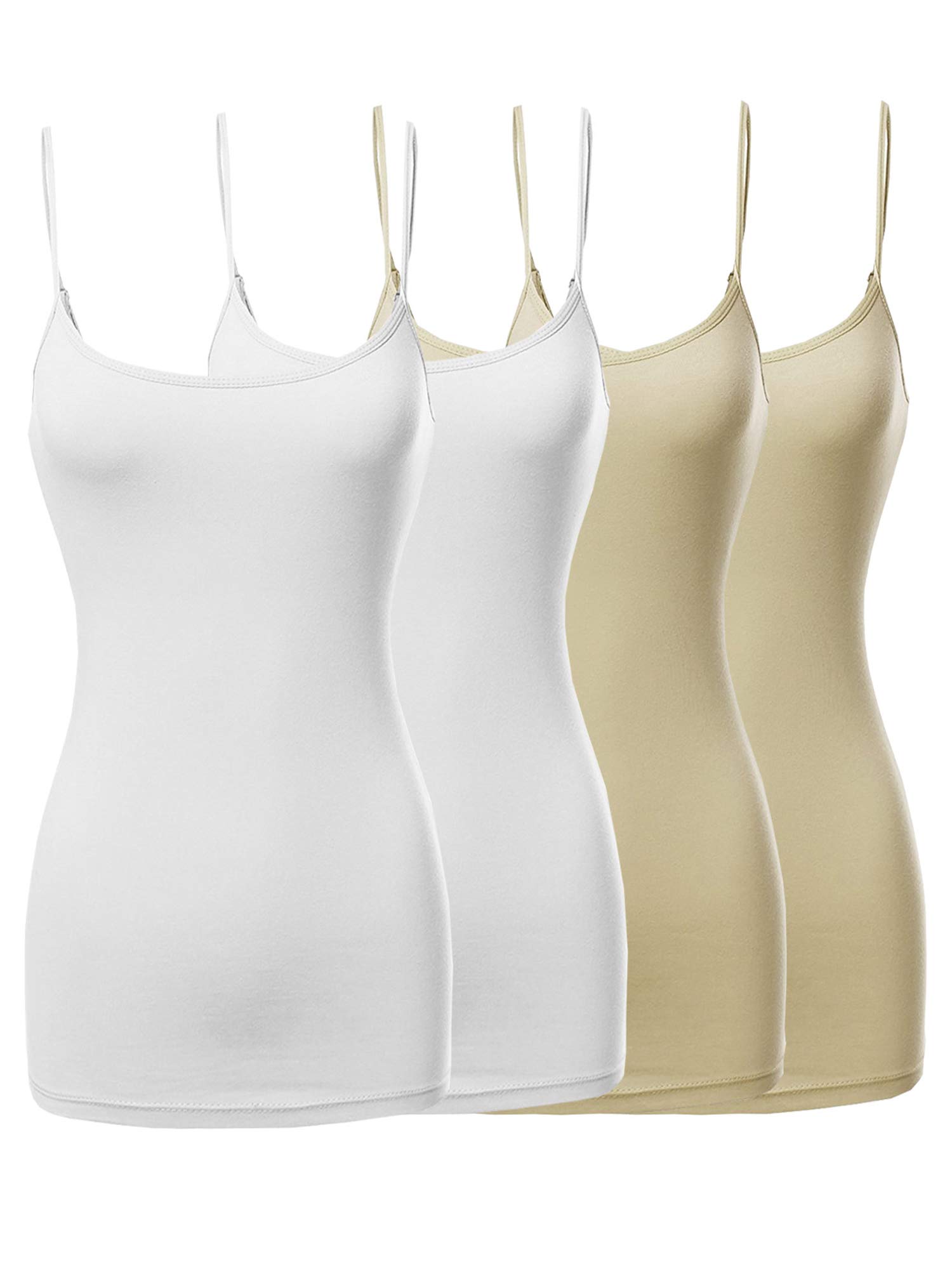 The Lovely Womens Juniors Basic Solid Long Length Adjustable Spaghetti Strap Tank Top 4PK - White White Taupe