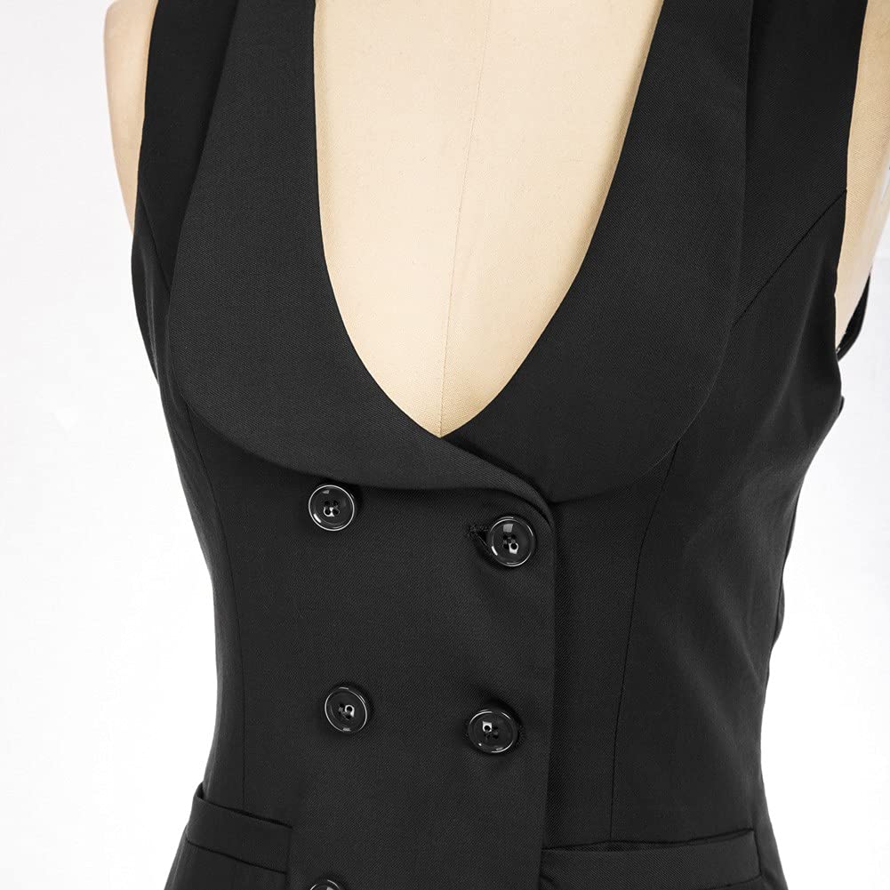 Belle Poque Damen Weste mit Gebogenes Revers V-Ausschnitt Karierte Weste mit Zwei Taschen Geometrischer Saum Einfarbig Jacke