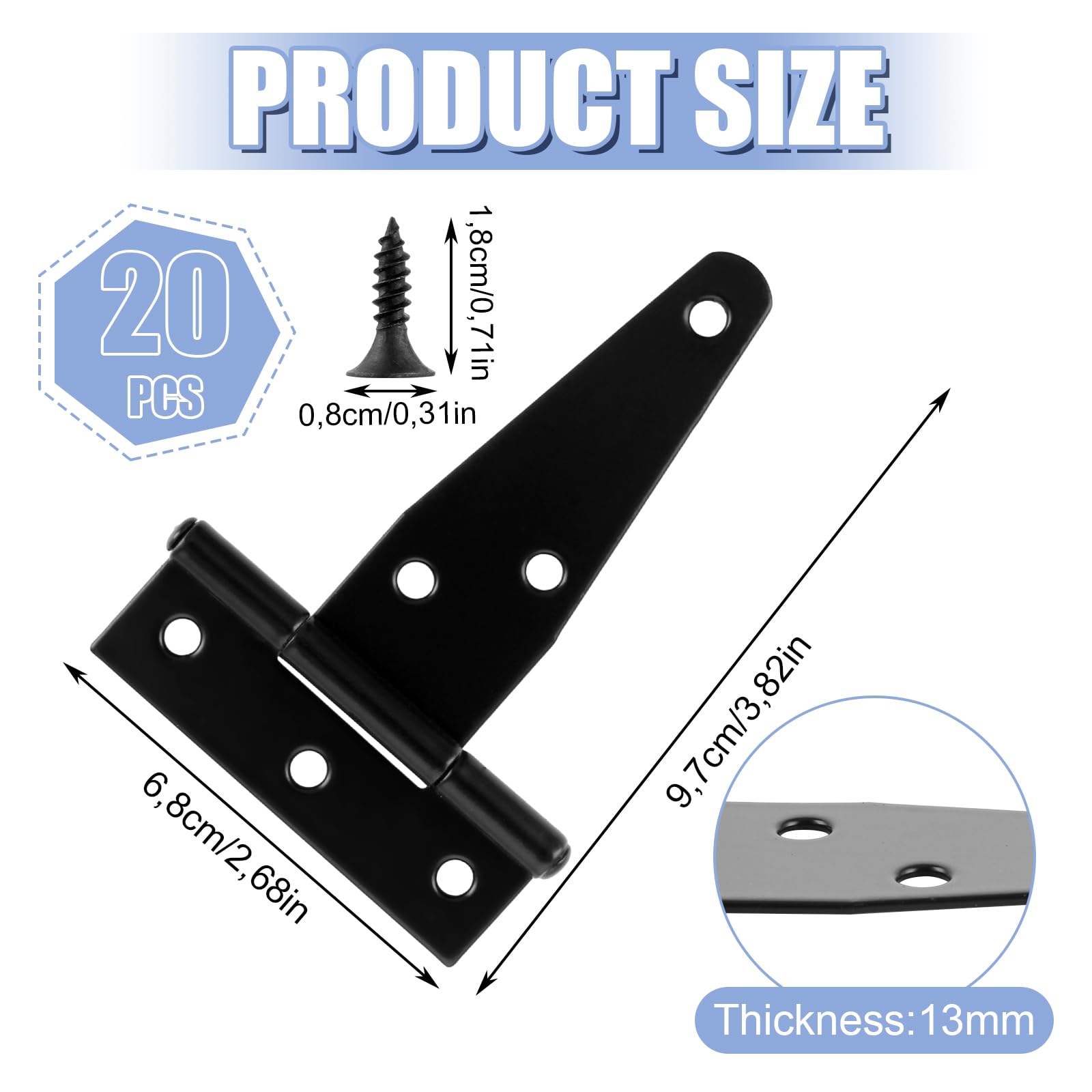 Bisagra en T de 75 mm, 20 unidades, color negro, con forma de T, bisagra plegable, resistente con 140 tornillos para puertas de madera, puertas de cobertizo, puertas de jardín, ventanas