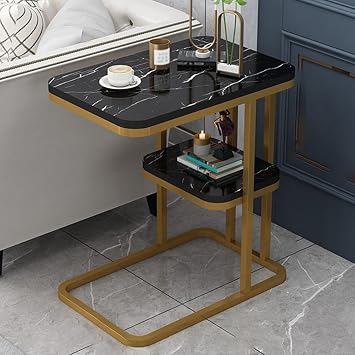 C Shaped Side Table for Couch Arm Narrow End Tables with Metal Frame Slide Under Couch Tables Small Snack Coffee Tray for Sofa, Bed, Living Room, BedroomBlack B,2-Tier