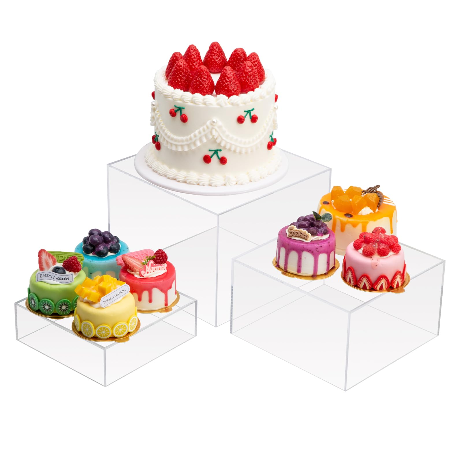 Clisela 3er-Set Acryl-Würfel-Präsentationsständer mit hohlem Boden, ideal für Buffets, als dekoratives Regal für Desserts, Sammlerstücke, Schmuck und Figuren – Transparent, 15, 18, 20 cm