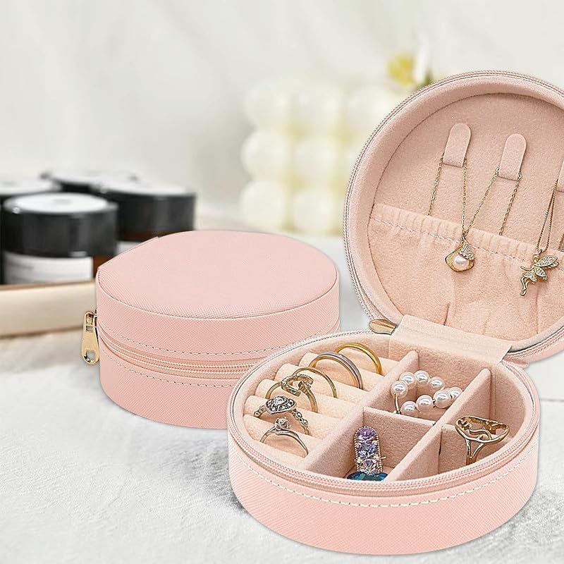 Image of Travel Jewelry Box Mini Portable Organizer Travel Case with Zipper Faux PU Leather Small Storage Boxes for Rings Earrings Necklaces Bracelets for Women Girls (Round-Pink)