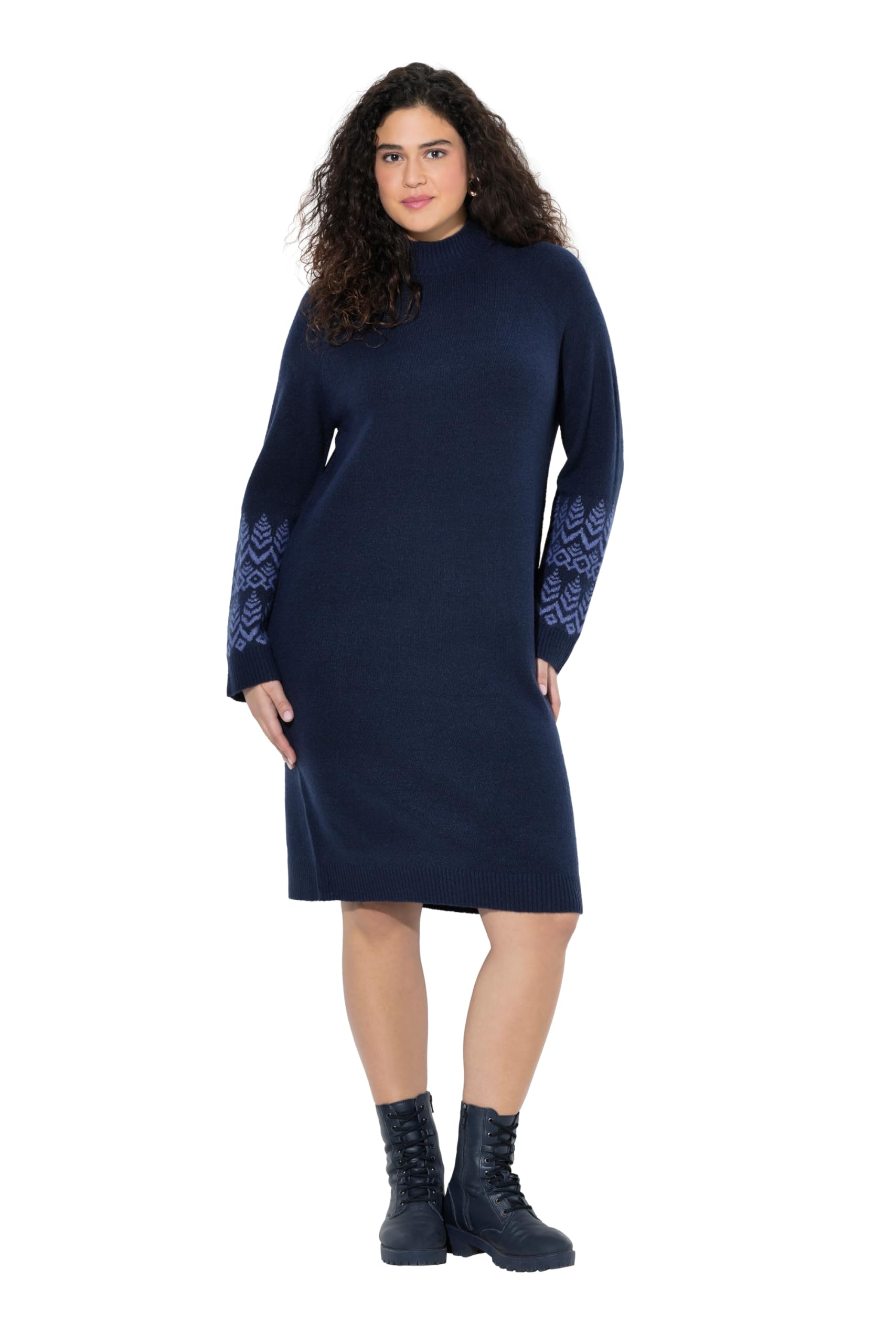 Ulla Popken Damen große Größen Übergrößen Plus Size Strickkleid, Norwegermuster, Stehkragen, Langarm 842955
