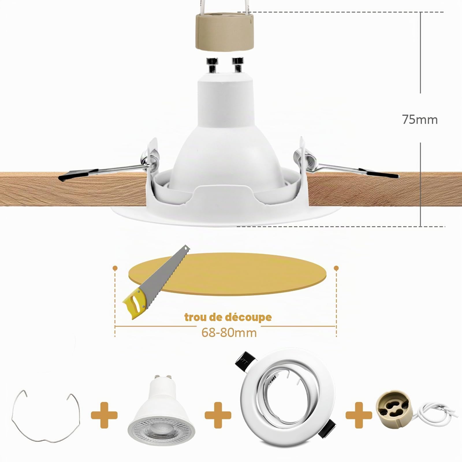 Projecteur Spot Encastrable GU10 Rond Blanc Métal, Cadre avec Douille Céramique, Orientation Ajustable 30°, Compatible Plafond Ø 68-80mm, Lot de 20