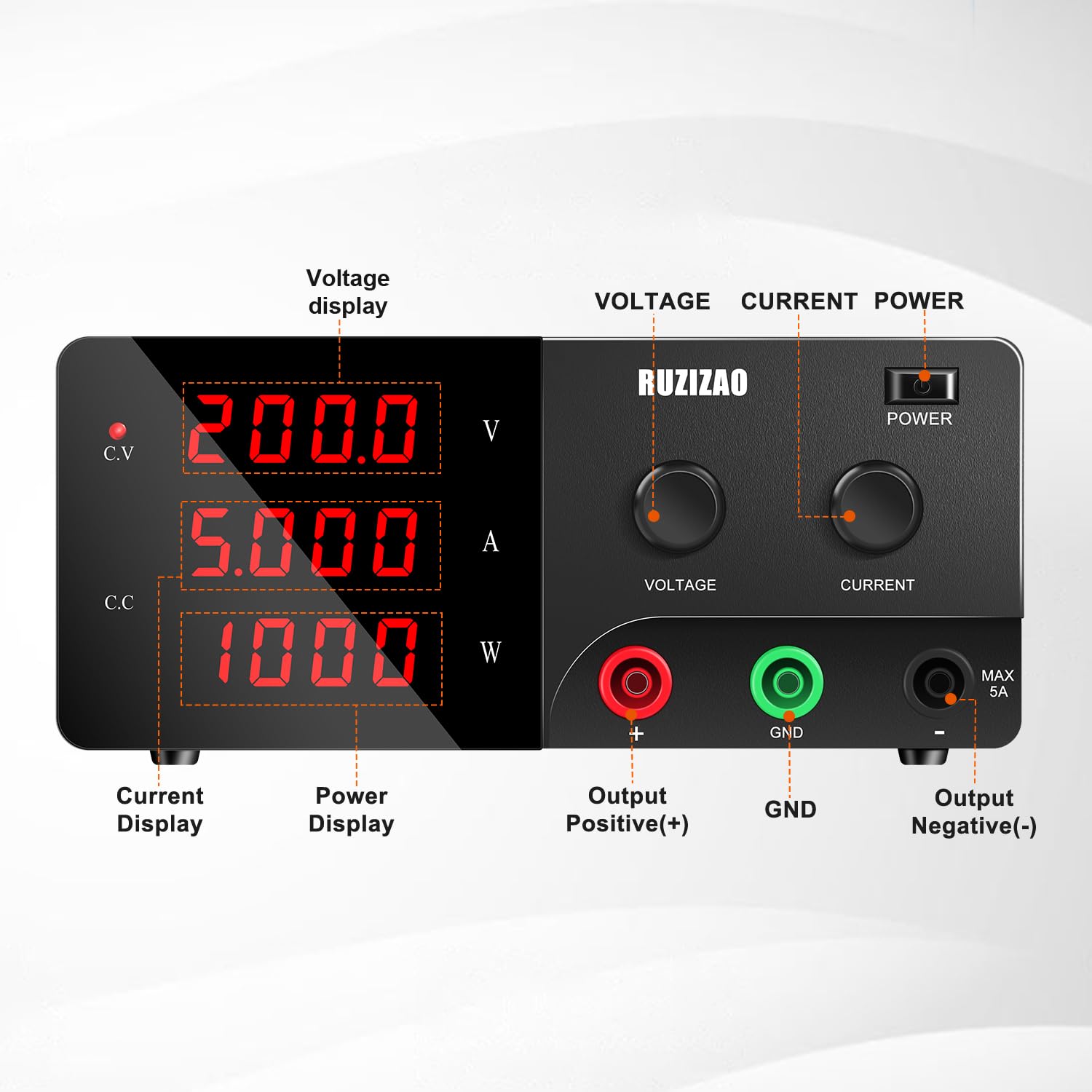 Labornetzteil 200V 5A Labornetzgerät Hochleistungs DC Regelbar Schaltnetzteil 1000W, Labor DC-Stromversorgungen mit 4-stelliges LED-Display Encoderregelung und Ausgangsstabilität