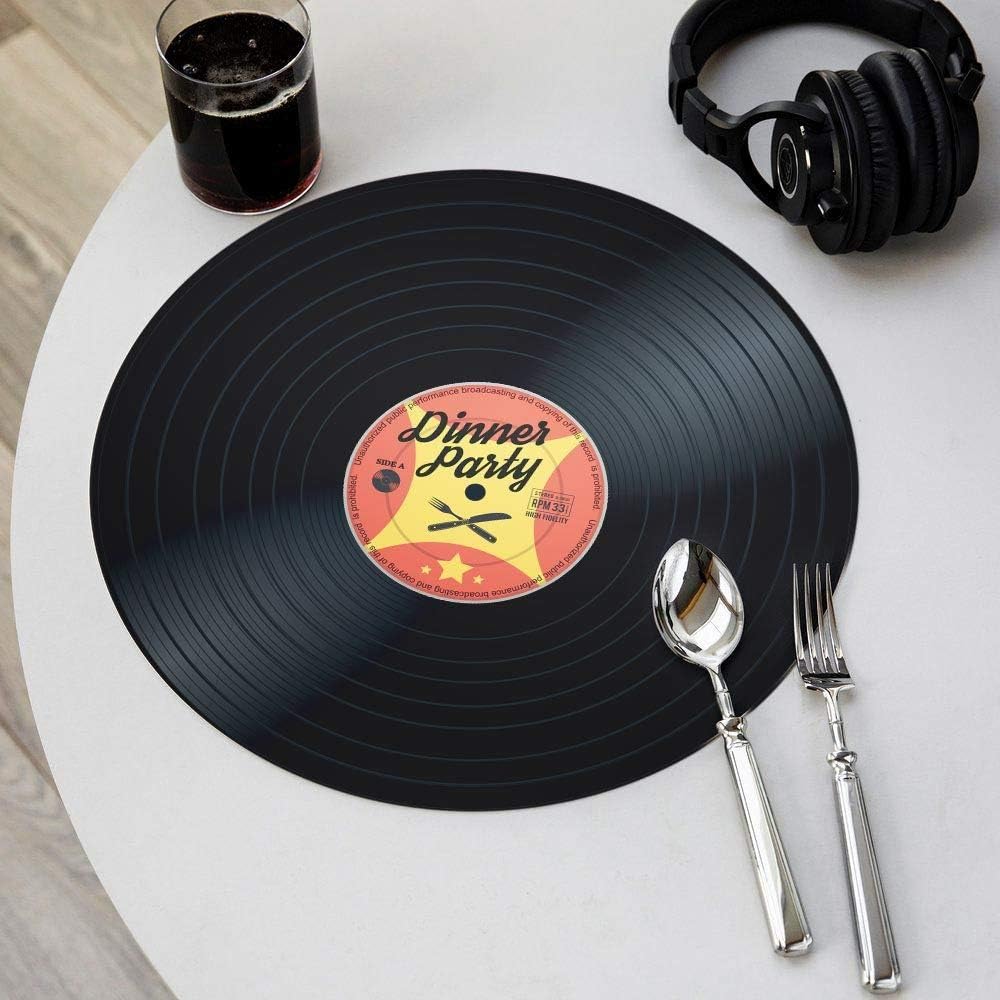 – Vinyl Placemats – Retro - Plates - 4 Table Mats - Nostalgic - Vinyl Plates - Table Decoration - Round placemats - Black