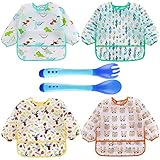 Baberos están hechos de telo impermeable con mangas protegen muy bien la ropita del bebé.