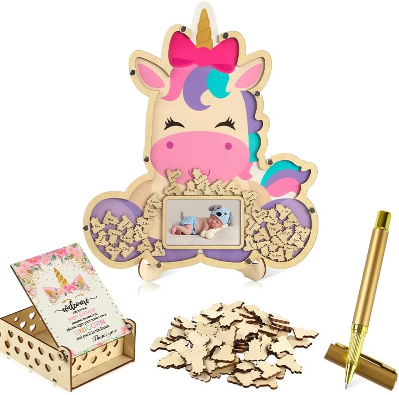 Adzt's 63 Pcs Baby Shower Event Guest Book Alternatives Set Baby Shower Decorations,60 Wood Slices Guest Book for Birthday Dinosaur, Baby Shower Guestbook with Photo Frame Baby Frame Keepsake