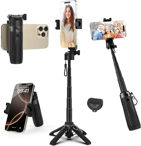 Takerers Portable Selfie Stick Tripod with Remote【Pocket Size】 4-in-1 Extendable Cell Phone Tripod【360° Rotation】 Mini Selfie Stick for iPhone Android Phone Holder for Video Recording Live Streaming