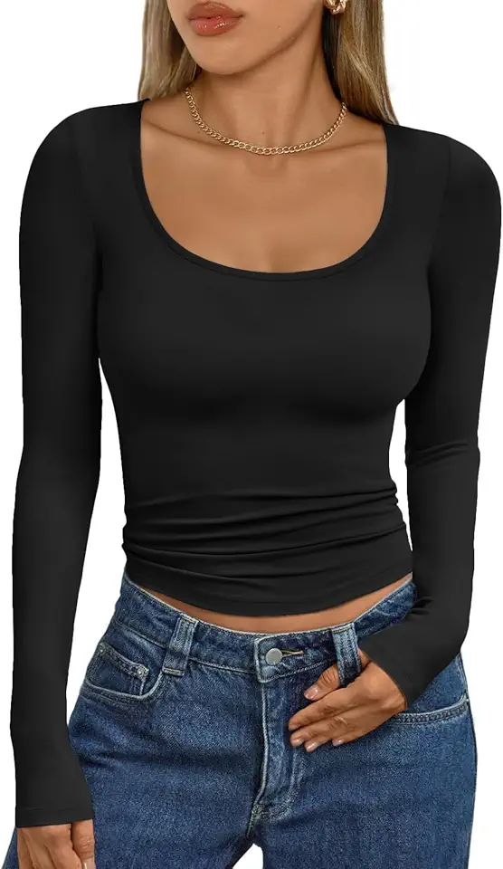 Trendy Queen Womens Scoop Neck Long Sleeve Shirts Skinny Going Out Crop Tops Cute Fall Fashion 2025 Clothes OEKO-TEX STANDARD 100