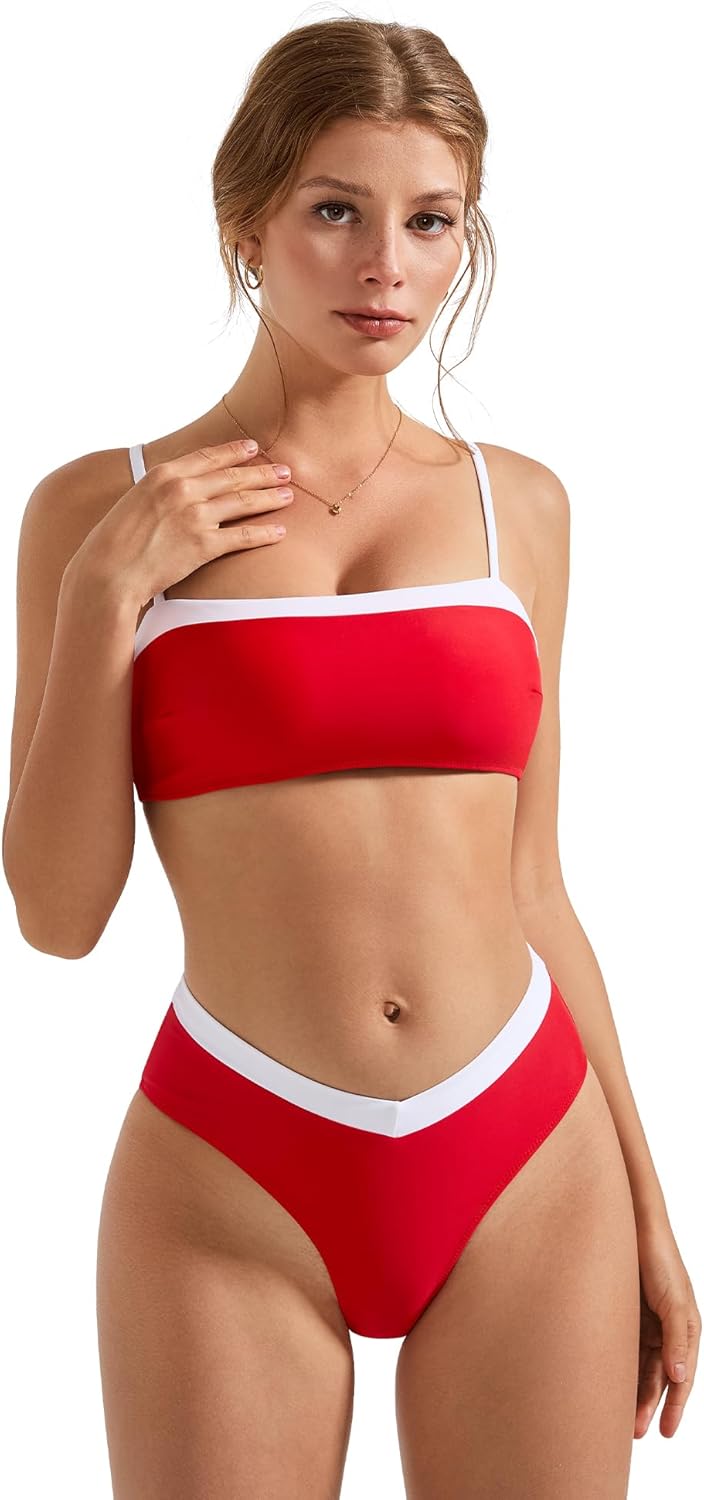 SUUKSESS Women Bandeau High Waited 2 Piece Bikini Set Cheeky High Cut Swimsuit - Image 5